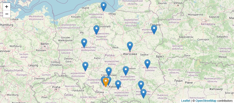 Mapa Polski z lokalizacjami doradców technicznych Technar specjalizujących się w oprzyrządowaniu CNC.