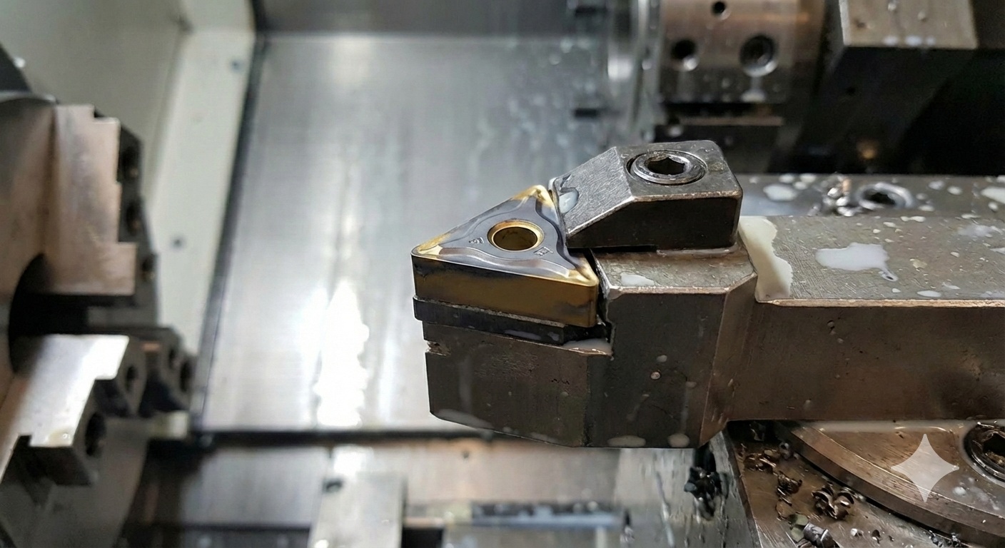płytka tokarsa o kształcie rombowym zamocowana w oprawce na tokarce CNC.