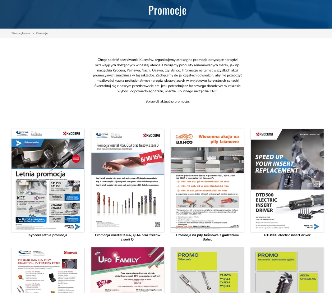 Strona Promocje Technar Sp. z o.o. przedstawiająca promocje na narzędzia Kyocera, Yamawa, Nachi, Osawa, czy Bahco.